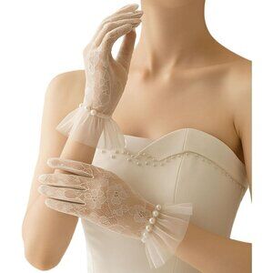 Women's White Pearl Tulle Mesh Short Satin Lace Gloves Formal Wedding Party Wear